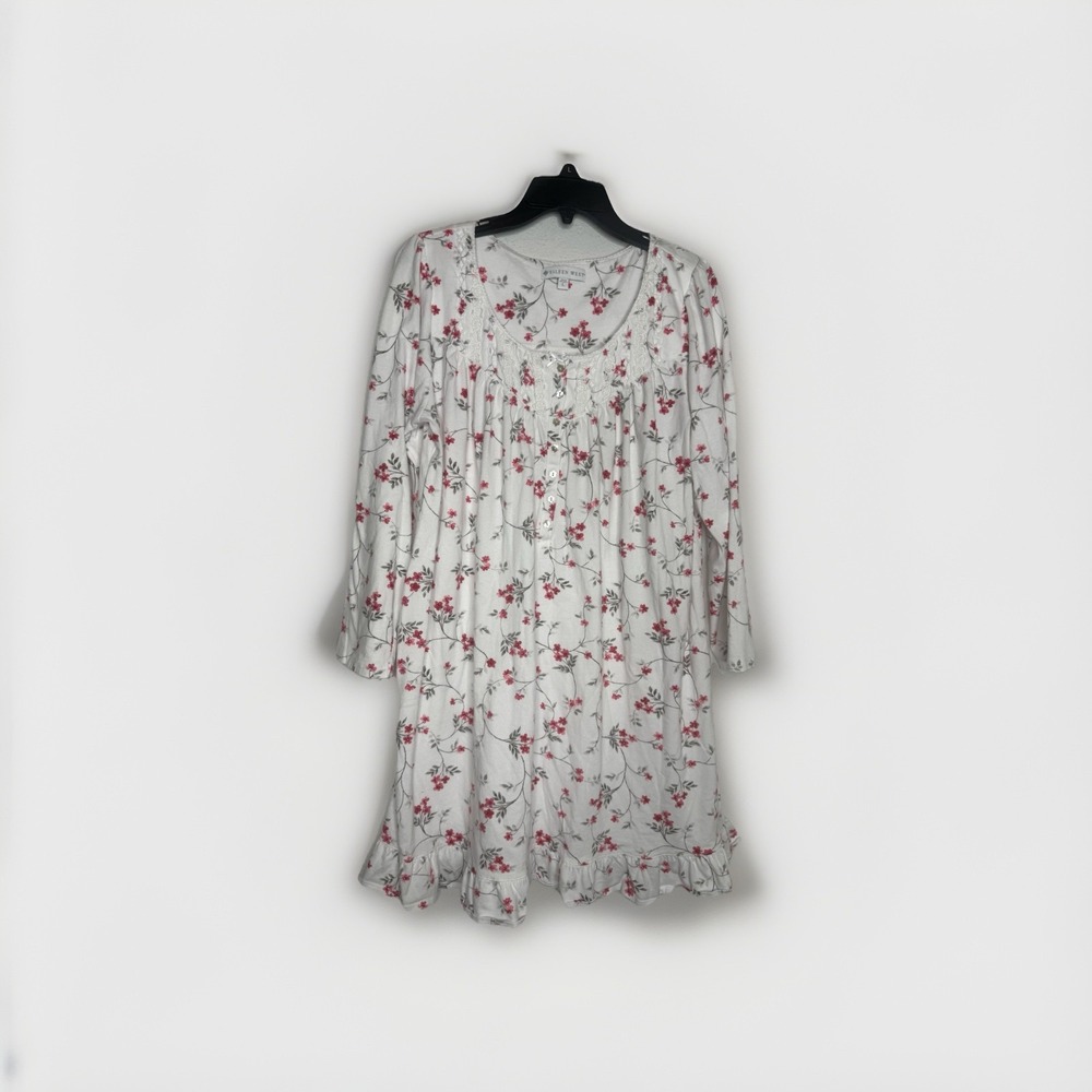 EILEEN WEST E20112 COTTON LONG SLEEVE RED FLORAL SHORT NIGHTGOWN Size L